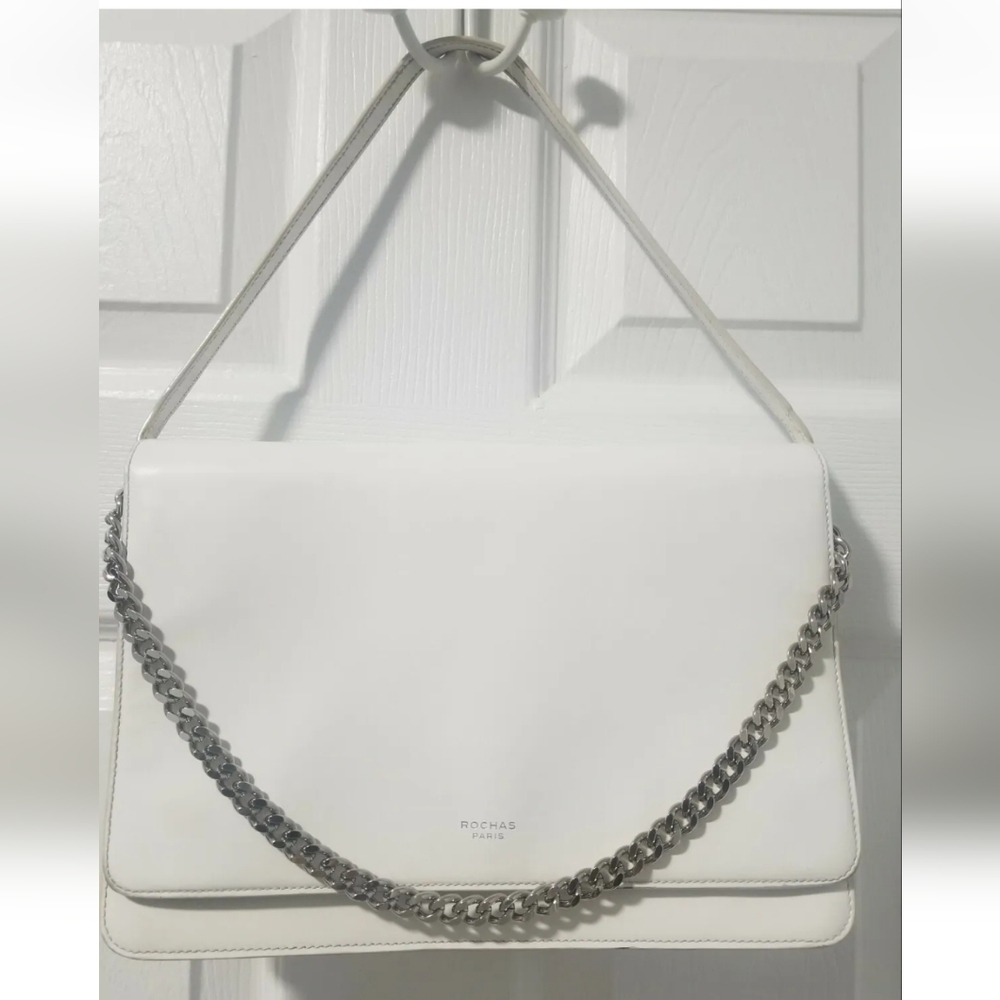 Designer ROCHAS Paris White Shoulder Handbag Leather Purse With Silver Chain